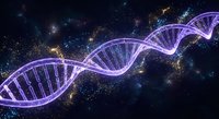 DNA double helix structure glowing in purple light against cosmic space background with stars and nebula for science and genetics research concepts.