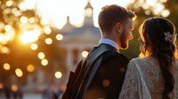 Newlywed couple embracing at sunset with warm bokeh lights and historic architecture creating romantic wedding portrait atmosphere for celebration memories.