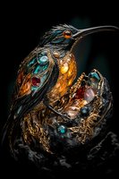 Mystical hummingbird art piece adorned with precious gems and metallic details against dark background, featuring intricate baroque-style ornamental patterns.