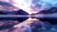 Dramatic mountain lake landscape at sunrise with purple and pink clouds reflecting in calm water, misty fog hovering over surface creates mystical atmosphere.