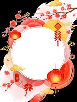 Chinese New Year festive frame with cherry blossoms, red lanterns and traditional decorations on black background with white circle space for text.