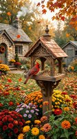 Ornate wooden bird feeder with red cardinal surrounded by colorful autumn flowers and falling maple leaves in cozy backyard garden setting.
