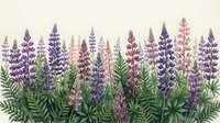 Watercolor lupine flowers in purple and pink shades with green foliage creating decorative border on light background for spring garden designs.