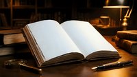 Open book with blank pages on wooden desk in warm library setting with vintage lamp and stacked books creating cozy reading atmosphere for education.