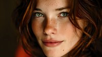 Young Caucasian woman with freckles and auburn hair looking directly at camera with natural makeup and warm lighting creating intimate portrait atmosphere.