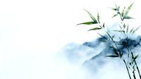 Delicate bamboo branches with green leaves against misty blue watercolor background, creating zen-like Asian atmosphere for wellness and meditation designs.