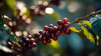 Ripe red coffee cherries clustered on branch with green leaves, shallow depth of field with bokeh background, suitable for agriculture, food, and beverage industry marketing.