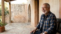 Senior man with gray hair and beard, wearing blue plaid shirt, smiling while sitting in rustic Mediterranean courtyard with stone walls and arches, lifestyle portrait.