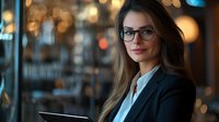 Young Caucasian businesswoman in glasses and suit working on laptop in evening cafe with bokeh lights background, professional corporate portrait with warm ambiance.