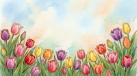Colorful tulips in watercolor style bloom along the bottom, with a soft pastel sky background offering copy space for spring designs.