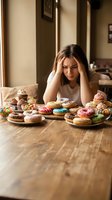 Woman with dark hair and fair complexion sitting at wooden table surrounded by colorful donuts, pastries and desserts, looking down with stressed expression, hand to head, contemplating food choices.