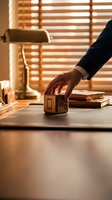 Professional hand stamping document with rubber stamp on office desk with warm lighting and venetian blinds for business approval and certification.