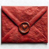 Red textured envelope sealed with wax stamp featuring heart symbol for romantic correspondence, Valentine's Day cards, love letters and wedding invitations.