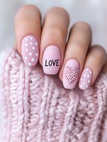 Pink romantic manicure with polka dots and heart pattern on oval nails. Word love written in black. Hands wearing cozy knitted sweater in pastel pink.
