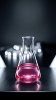 Glass laboratory flask with pink liquid on dark surface with bokeh lights background for scientific research and chemistry experiments.