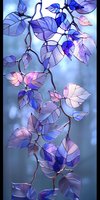 Delicate stained glass leaves in purple and pink hues with intricate vein details against soft blue background, suitable for home decor.