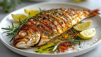 Grilled whole fish seasoned with herbs, spices and lemon slices served on white plate with fresh rosemary sprigs and citrus garnish for restaurant menu or cookbook.