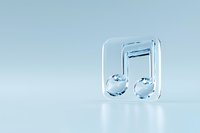 Transparent glass musical note symbol on light blue background, representing sound, melody, and artistic expression in modern minimalist style.