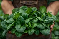 Fresh organic spinach leaves with water drops held in farmer's hands, showing natural texture and vibrant green color for healthy eating and cooking concepts.