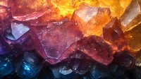 Colorful crystal formations with vibrant orange, purple, and blue hues create dramatic natural abstract texture in macro photography closeup view.