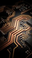 Close-up view of electronic circuit board with golden copper traces and microchips on dark substrate showcasing modern technology and engineering precision.
