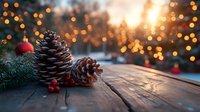 Pine cones and red berries on rustic wooden table with blurred Christmas lights creating magical bokeh background, cozy winter holiday atmosphere.