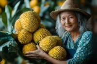 Senior Asian woman farmer in straw hat holding fresh durian fruits at tropical plantation. Organic exotic fruit harvest in Southeast Asia.
