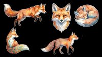 Watercolor fox illustrations in various poses isolated on transparent background, ready for t-shirt designs, clipart, stickers, sublimation and print-on-demand projects.