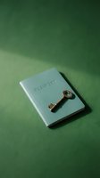 Pale blue passport with vintage brass key on green textured background, symbolizing travel security, immigration access, and international journey planning for tourism and adventure concepts.