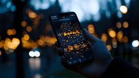 Smartphone screen glowing with golden bokeh lights against blurred evening background, hand holding device displaying illuminated app interface.