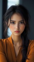 Young Asian woman with natural makeup wearing orange blazer, looking directly at camera with confident expression against dark background. Long black hair styled loosely.