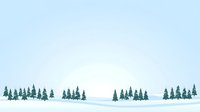 Minimalist winter landscape with evergreen trees scattered across snowy terrain under pale blue sky, suitable for seasonal backgrounds and holiday designs.