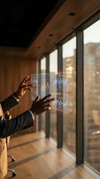 Businessman analyzing stock market charts on transparent digital display in modern office with city skyline view through windows, financial data visualization.