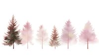 Watercolor pine trees in soft pink and brown tones create misty forest silhouettes, arranged in horizontal line composition for seamless pattern design.