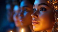Woman with glowing golden makeup and sparkling embellishments against warm and cool bokeh lighting, suitable for beauty, cosmetics, and editorial design projects.