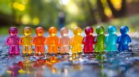 Colorful translucent toy figures standing in rainbow order on wet reflective surface with bokeh background, representing diversity, unity and inclusion in childhood education.