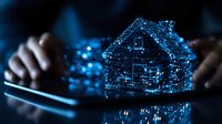Digital hologram of glowing blue house emerging from tablet device, illustrating smart home technology and real estate innovation in modern connected world.