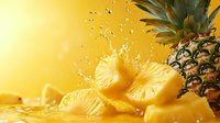 Fresh pineapple chunks with juice splash and whole tropical fruit on vibrant yellow background, dynamic food composition with water drops and sunlight.