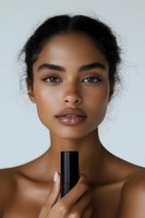 Young African American woman with natural makeup holding black cosmetic product against white background, showcasing clean beauty and skincare concept.