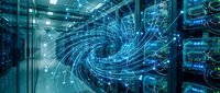Digital data streams flow through server room infrastructure with glowing blue light trails and network connections, representing cloud computing, cybersecurity, and data center technology for business solutions.