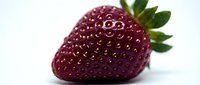 Dark red ripe strawberry with green leafy crown isolated on white background, ready for food and beverage design projects.