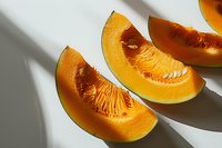 Fresh orange pumpkin slices with seeds on white background in natural sunlight casting dramatic shadows, raw organic vegetable food photography.