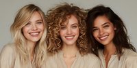 Three diverse young women with different hairstyles smiling together in beige clothing against neutral background for beauty and friendship concepts.