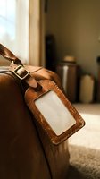 Brown leather luggage tag with blank label attached to vintage suitcase handle in warm sunlit room for travel and identification purposes.