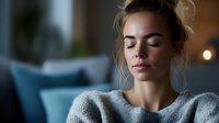 Young woman with closed eyes relaxing in cozy gray sweater at home, peaceful meditation moment in modern living room with soft lighting.