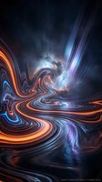 Abstract cosmic swirl with flowing energy streams in orange and blue colors against starry space background for digital art and sci-fi projects.