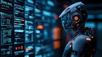 Futuristic robotic figure with glowing elements against digital screens displaying code in dark blue environment. Advanced technology concept for artificial intelligence.