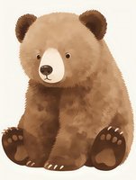 Adorable brown bear cub sitting with paws forward in watercolor style on isolated background, soft earth tones and gentle textures for nursery art and children decor.