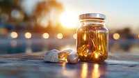 Glowing honey jar with seashells at sunset, magical golden hour light creates dreamy bokeh effect near water, romantic summer beach atmosphere.