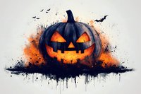 Glowing carved pumpkin with spooky face against dramatic orange and black watercolor splash background with flying bats, halloween horror atmosphere.